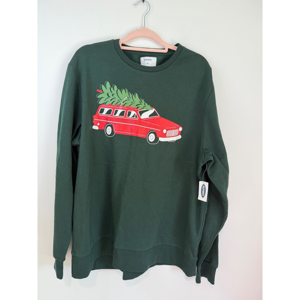 Old Navy Mens XXL Green Christmas Tree Red Station Wagon Graphic Sweatshirt NWT
